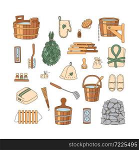 Sauna accessories - washer, broom, tub, bucket, pot and other. Bathhouse wooden accessories. Set of hand drawn objects. Vector illustration in doodle style on white background. Editable stroke. Sauna accessories - washer, broom, tub, bucket, towel and other. Bath accessories made of wood.