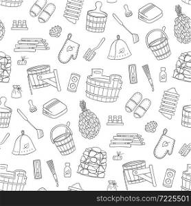 Sauna accessories - washer, broom, tub, bucket, pot and other. Bathhouse wooden accessories. Hand drawn seamless pattern. Vector illustration in doodle style on white background.. Sauna and Bathhouse accessories. Hand drawn seamless pattern.