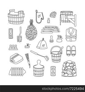 Sauna accessories - washer, broom, tub, bucket, towel and other. Bath accessories made of wood. Set of hand drawn objects. Vector illustration in doodle style on white background. Sauna accessories - washer, broom, tub, bucket, towel and other. Bath accessories made of wood.