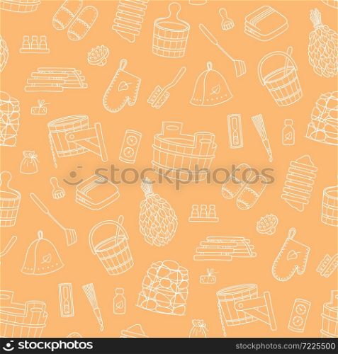 Sauna and Bathhouse accessories - washer, broom, tub, bucket, pot and other. Hand drawn seamless pattern. Vector illustration in doodle style. Sauna and Bathhouse accessories. Hand drawn seamless pattern.