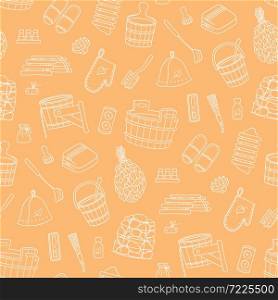 Sauna and Bathhouse accessories - washer, broom, tub, bucket, pot and other. Hand drawn seamless pattern. Vector illustration in doodle style. Sauna and Bathhouse accessories. Hand drawn seamless pattern.