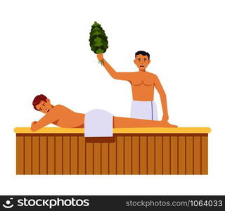 Sauna and spa procedures by women isolated vector. Relaxation body care and therapy, aromatherapy and wellness. Hygiene and regeneration with warm water and steam, people sitting on wooden bench. Sauna and spa procedures by women isolated vector.