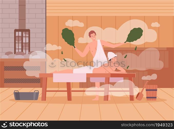 Sauna background. Spa relax warm therapy people hot steam in sauna bathing characters vector cartoon illustration. Spa and sauna steam, wooden relaxation therapy. Sauna background. Spa relax warm therapy people hot steam in sauna bathing characters vector cartoon illustration