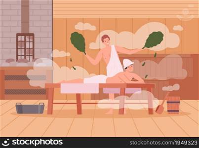 Sauna background. Spa relax warm therapy people hot steam in sauna bathing characters vector cartoon illustration. Spa and sauna steam, wooden relaxation therapy. Sauna background. Spa relax warm therapy people hot steam in sauna bathing characters vector cartoon illustration