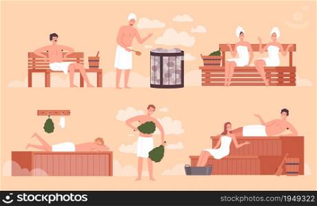 Sauna bathing. People relaxing in public sauna and washing room wellness spa body recreation pool activities vector people. Spa sauna finnish, recreation bathing, bathhouse and massage illustration. Sauna bathing. People relaxing in public sauna and washing room wellness spa body recreation pool activities vector people