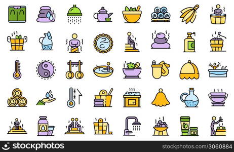 Sauna icons set. Outline set of sauna vector icons thin line color flat on white. Sauna icons set vector flat