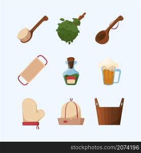 Sauna items. Spa relax tools for bathing baden bath wooden bucket towel garish vector flat pictures collection. Spa and sauna icon, therapy relaxation bathroom illustration. Sauna items. Spa relax tools for bathing baden bath wooden bucket towel garish vector flat pictures collection