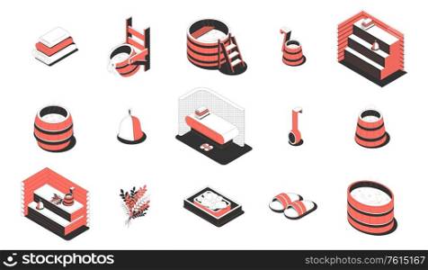 Sauna massage and spa objects isometric icons set with towel barrel whisk slippers ladle bucket isolated on white background 3d vector illustration