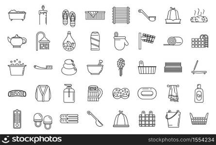 Sauna relax icons set. Outline set of sauna relax vector icons for web design isolated on white background. Sauna relax icons set, outline style