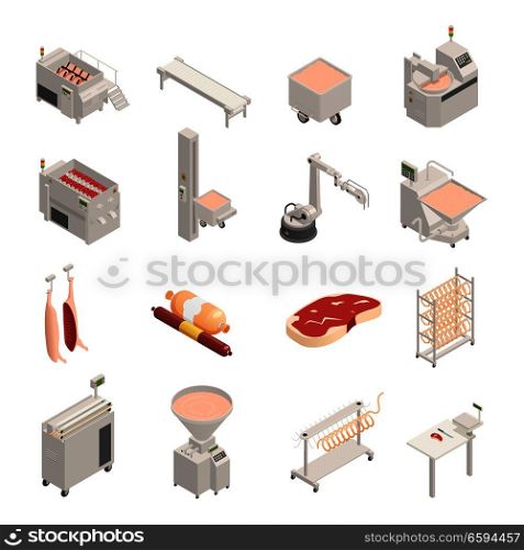 Sausage factory set of isometric icons, fresh meat and finished products, automated equipment, isolated vector illustration . Sausage Factory Isometric Icons