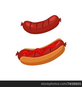 Sausage for barbecue and hot dog icons in cartoon style. One grilled banger and another between buns covered with sauce or ketchup, isolated emblem. Sausage for Barbecue and Hot Dog in Cartoon Style