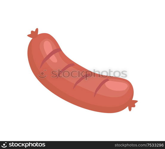 Sausage for barbecue vector badge, in cartoon style banner. Banger with stripes from grill poster, isolated brochure for cafe or restaurant menu cover. Sausage for Barbecue Vector Badge in Cartoon Style