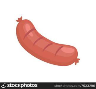 Sausage for barbecue vector badge, in cartoon style banner. Banger with stripes from grill poster, isolated brochure for cafe or restaurant menu cover. Sausage for Barbecue Vector Badge in Cartoon Style