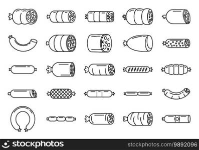 Sausage fresh icons set. Outline set of sausage fresh vector icons for web design isolated on white background. Sausage fresh icons set, outline style