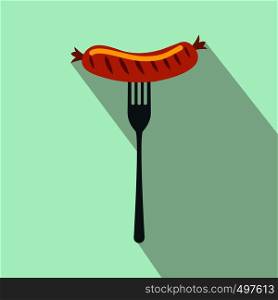 Sausage on a fork flat icon on a light blue background. Sausage on a fork flat icon