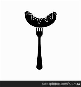 Sausage on a fork icon in simple style on a white background. Sausage on a fork icon, simple style