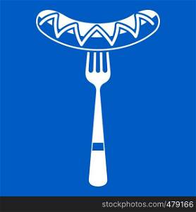 Sausage on a fork icon white isolated on blue background vector illustration. Sausage on a fork icon white