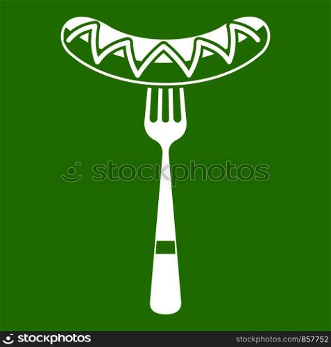 Sausage on a fork icon white isolated on green background. Vector illustration. Sausage on a fork icon green