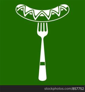 Sausage on a fork icon white isolated on green background. Vector illustration. Sausage on a fork icon green