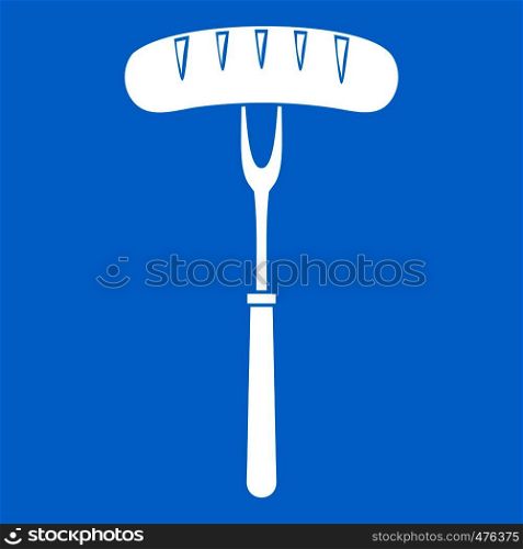 Sausage on bbq fork icon white isolated on blue background vector illustration. Sausage on bbq fork icon white