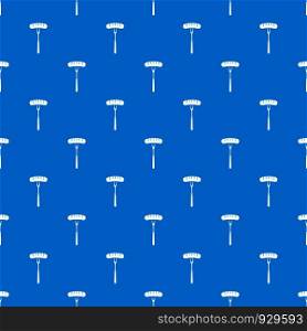 Sausage on bbq fork pattern repeat seamless in blue color for any design. Vector geometric illustration. Sausage on bbq fork pattern seamless blue