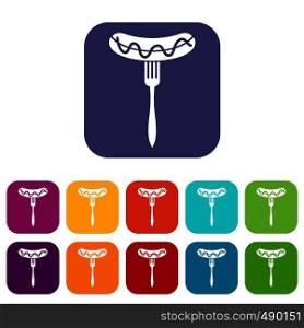 Sausage on fork icons set vector illustration in flat style in colors red, blue, green, and other. Sausage on fork icons set