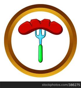 Sausage on fork vector icon in golden circle, cartoon style isolated on white background. Sausage on fork vector icon