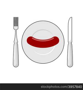 Sausage on plate and cutlery Top view. Fork and knife. Fast healthy breakfast. Vector illustration of food for poor.&#xA;