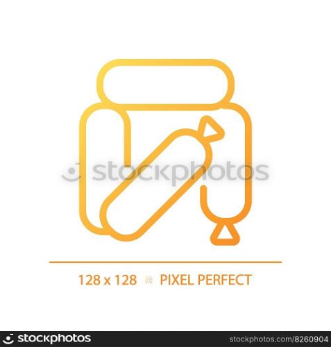 Sausage pixel perfect gradient linear vector icon. Meat product. Fast food. Pork bratwurst. Hot dog. Barbecue menu. Thin line color symbol. Modern style pictogram. Vector isolated outline drawing. Sausage pixel perfect gradient linear vector icon