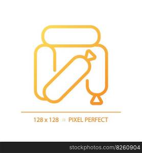 Sausage pixel perfect gradient linear vector icon. Meat product. Fast food. Pork bratwurst. Hot dog. Barbecue menu. Thin line color symbol. Modern style pictogram. Vector isolated outline drawing. Sausage pixel perfect gradient linear vector icon