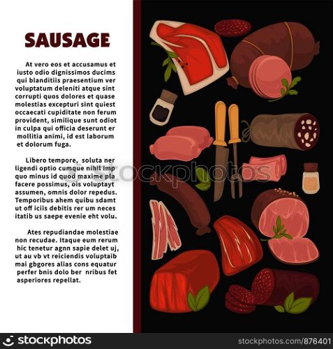 Sausage promo poster with sample text and meat products. Delicious fresh products of animal origin, basic spices, organic greenery and sharp cutlery cartoon flat vector illustrations on banner.. Sausage promo poster with sample text and meat products