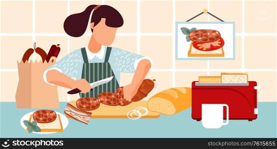 Sausage sandwich flat composition with view of kitchen with toast bread and woman cutting lunch meat vector illustration
