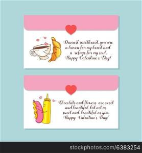 Sausage with mustard, coffee and a croissant. Little envelopes, postcards. Vector greeting cards about love. With Valentine&rsquo;s day. Cute cartoon concept about love.