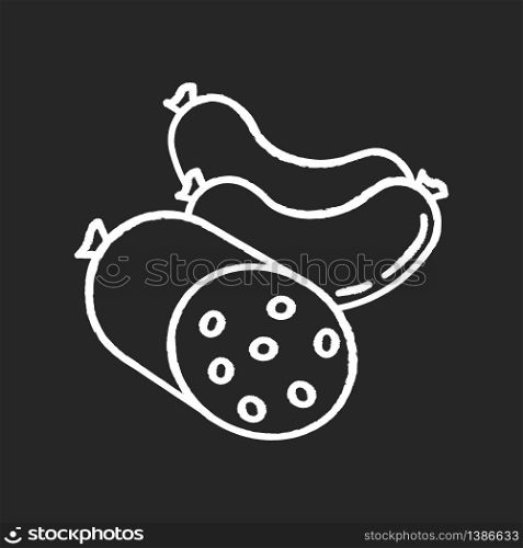 Sausages chalk white icon on black background. Ground meat products. Fresh fatty food. Gastronomy chicken and pig items. Grocery category. Butchery cut ham. Isolated vector chalkboard illustration. Sausages chalk white icon on black background