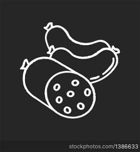 Sausages chalk white icon on black background. Ground meat products. Fresh fatty food. Gastronomy chicken and pig items. Grocery category. Butchery cut ham. Isolated vector chalkboard illustration. Sausages chalk white icon on black background