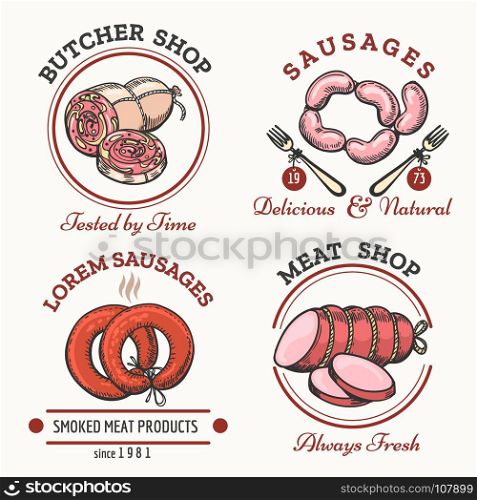 Sausages logo set. Sausages logo set. Meat products labels for butcher shop vector illustration