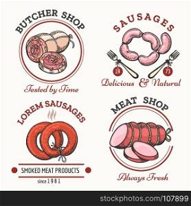 Sausages logo set. Sausages logo set. Meat products labels for butcher shop vector illustration
