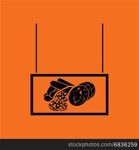 Sausages market department icon. Orange background with black. Vector illustration.