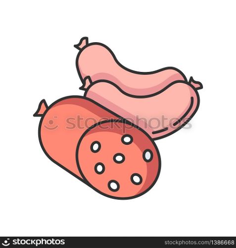 Sausages RGB color icon. Ground meat products. Fresh fatty food. Gastronomy chicken and pig items. Grocery category. Butchery cut ham. Unhealthy lunch. Supermarket food. Isolated vector illustration. Sausages RGB color icon