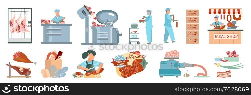 Sausages set with flat icons of raw meat shop market stalls kitchen equipment and ready products vector illustration