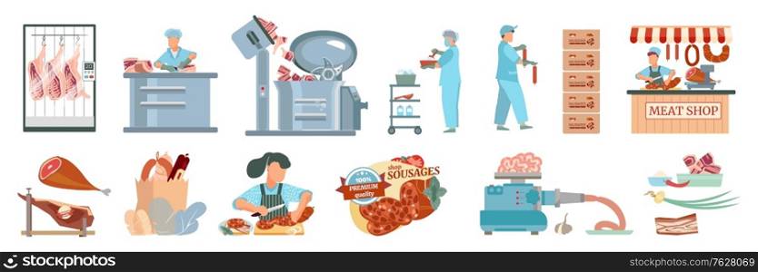 Sausages set with flat icons of raw meat shop market stalls kitchen equipment and ready products vector illustration