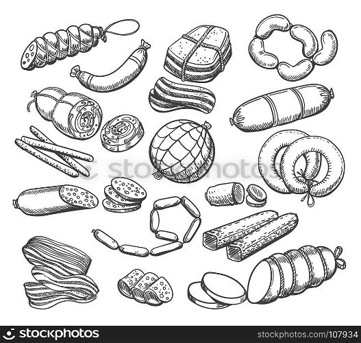 Sausages sketch set. Sausages sketch. Vintage sausage and meat food vector doodles, ham and salami, pepperoni and wieners hand drawn vector illustration