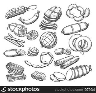 Sausages sketch set. Sausages sketch. Vintage sausage and meat food vector doodles, ham and salami, pepperoni and wieners hand drawn vector illustration