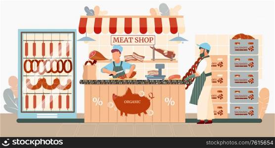 Sausages store flat composition with view of meat shop market stall with food products and people vector illustration