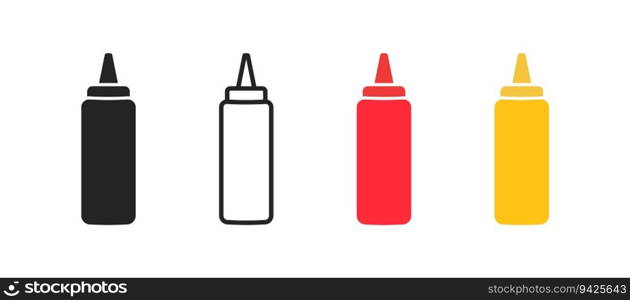 Sause in bottle icon on white background. Ketchup and mustard sign. symbol. Colored flat design. Vector illustration. Sause in bottle icon on white background. Ketchup and mustard sign. symbol. Colored flat design. Vector illustration.