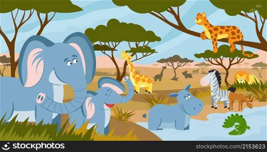 Savanna animals. African summer animals, savannah lands landscape. Funny tropical zoo, safari park panorama with decent flat wild vector characters. Illustration lion and zebra, crocodile and hippo. Savanna animals. African summer animals, savannah lands landscape. Funny tropical zoo, safari park panorama with decent flat wild vector characters