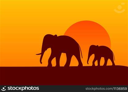 Savanna sunset background. Wildlife Background. African landscape with elephants silhouette. Vector illustration. African landscape with elephants silhouette