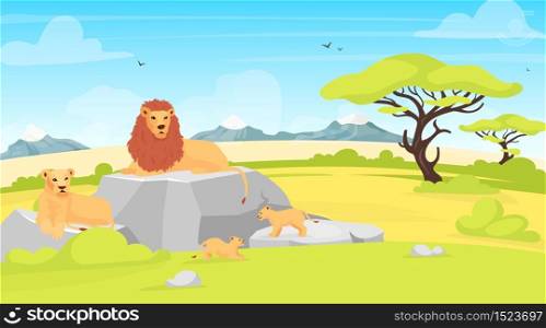 Savannah landscape flat vector illustration. African environment with lions lying on rock. Safari field with trees and creatures. Conservation park. South animals cartoon characters