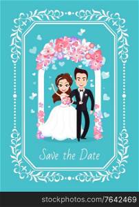 Save date, wedding ceremony of couple, portrait view of married man in woman, smiling bride and groom, invintation blue postcard, romantic day vector. Groom and Bride, Wedding Ceremony Card Vector