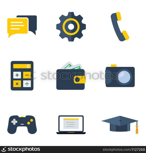 Save Download Preview Icon Pack, Char Massage Icon, Gear or Setting Icon, Phone Icon, Calculator Icon, Wallet Icon With Money, Camera icon, Joystick Game Icon, Laptop Icon, Graduation Hat Icon. Icon Pack Isolated On white Background. EPS10